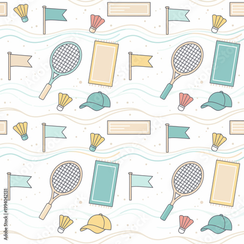 Badminton and tennis equipment seamless pattern on a white backdrop