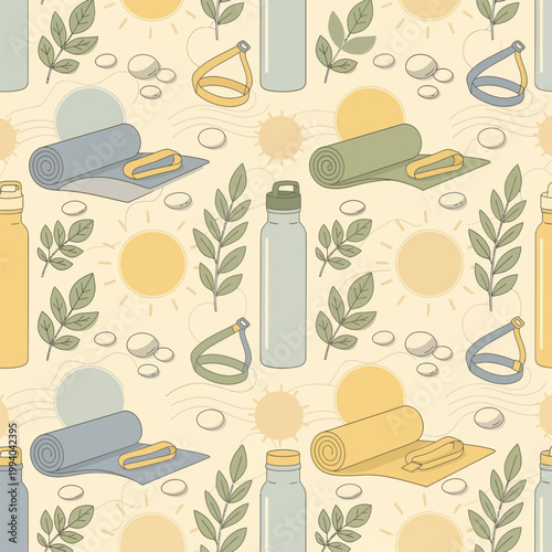 Seamless pattern with fitness equipment and yoga mats design
