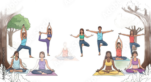 yoga poses, people practicing yoga, meditation outdoors, tree surrounded yoga group