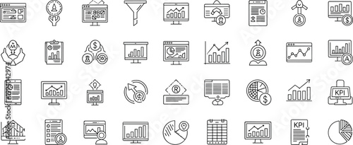 Business analytics KPI performance dashboard line icon set including charts monitoring finance reporting statistics outline vector collection