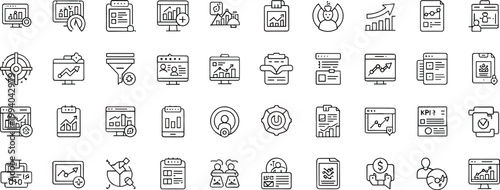 Business analytics KPI performance dashboard line icon set including charts monitoring reporting strategy finance outline vector collection