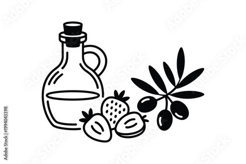 Olive oil bottle, fresh strawberries, and olive branch vector line art.