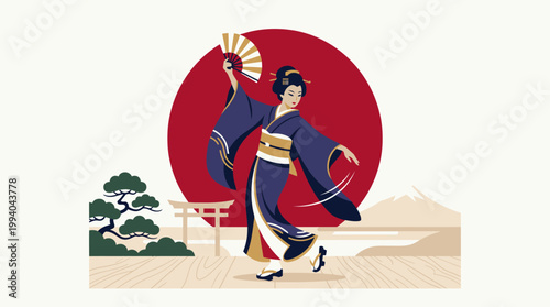 Elegant Japanese Geisha Performing Traditional Dance with Folding Fan.