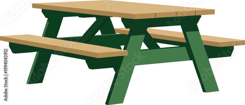 Wooden picnic table with attached benches and green legs, outdoor furn
