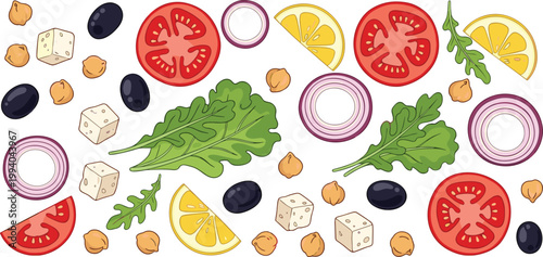 Fresh Salad Ingredients Pattern with Tomato Onion Lemon Olives Chickpeas and Arugula Flat Illustration for Healthy Food, Vegetarian Diet, Cooking, and Seamless Vector Design