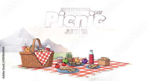 Picnic, outdoor food, summer illustration, red plaid blanket