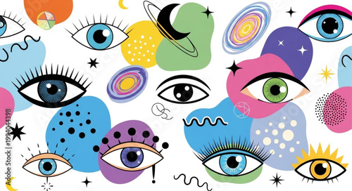 Abstract Eyes and Celestial Shapes Pattern.