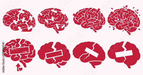 A collection of red brain illustrations with cracks and damage