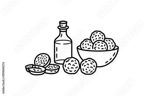 Outline drawing of cotton pads in bowl and bottle with fluid for beauty care.