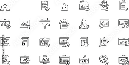 Business KPI analytics reporting performance line icon set including dashboard charts strategy monitoring finance outline vector collection