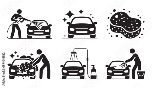 Car wash service icon set, black silhouette vehicle cleaning and detailing pictograms vector illustration
