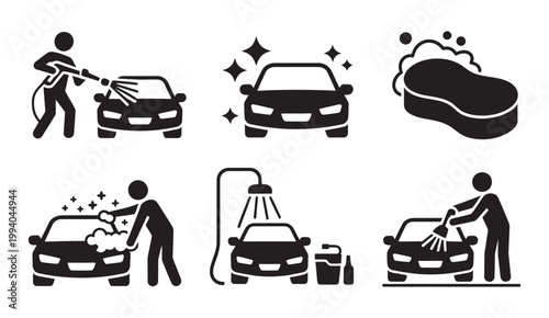 Car wash service icon set, black silhouette vehicle cleaning and detailing pictograms vector illustration
