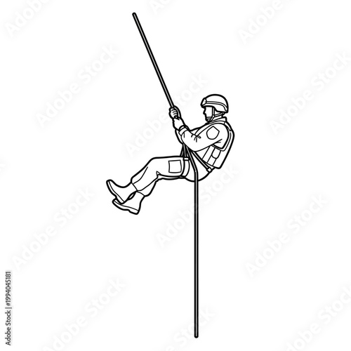 Man climbing up a rope.