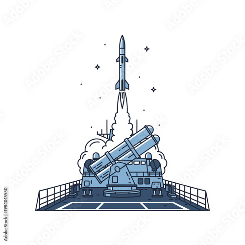 Rocket Launcher Firing Missile Into Space.