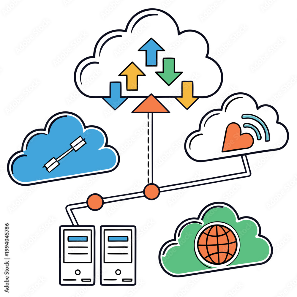 Fototapeta premium Cloud storage network with servers and global access.
