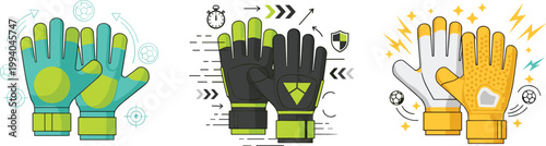 Goalkeeper Gloves Set Vector Illustration with Different Styles, Grip Technology, and Protection Features for Soccer Training, Sports Equipment Design, and Athletic Performance Graphics
