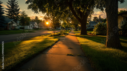 suburban street at sunset with trees and houses 