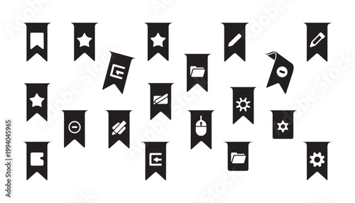 Set of black bookmark icons with various symbols for different categories like files stars folders and pencils.