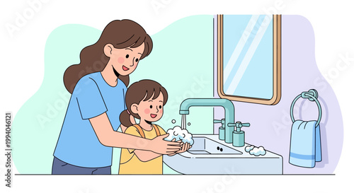 Mother and daughter washing hands together in a bathroom with soap and water, illustration