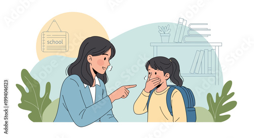 A woman points at a young girl with a school bag in a classroom setting