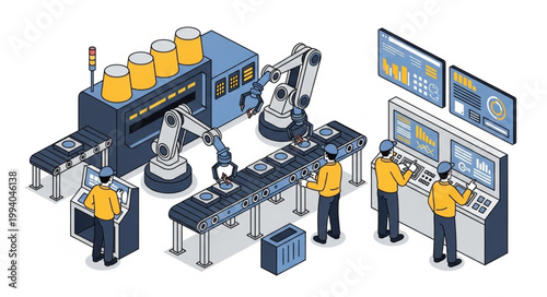 Automated Factory Production Line with Robotic Arms and Control Room.