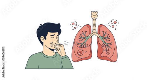 Man coughs with lungs inflamed and damaged from pollution and smoke around him