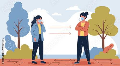 Two women wearing masks standing apart on a park path with trees, maintaining social distance