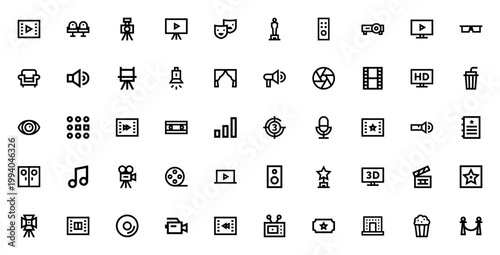 Cinema Outline_6049 icon set. Vector illustration featuring play video, seat, camera, screen, theatre, Oscar, remote, projector, 3D glasses, film strip, popcorn, ticket and more.