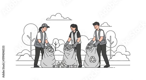 People collecting trash in a park.