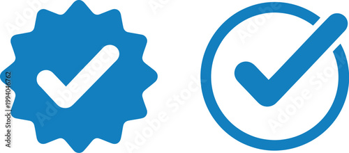 Blue tick verified badge icon set, social media official account approval symbol vector illustration for profile validation and trust verification design.
