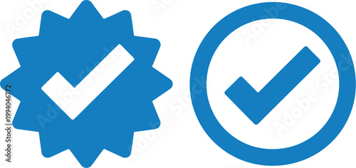 Blue tick verified badge icon set, clean vector verification icons representing official social media account approval and authenticity status symbols.