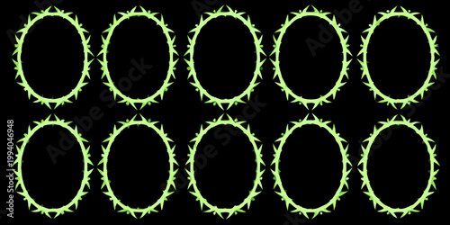 Nine glowing green oval frames arranged in a grid on black