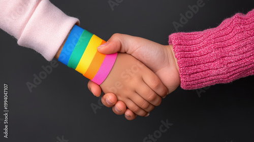 Two people shaking hands, one wearing a rainbow wristband symbolizing LGBTQ+ pride, against a dark background.