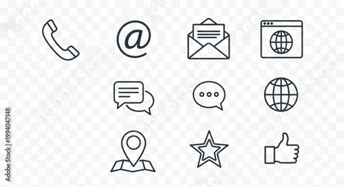 Collection of communication and contact icons in simple line art style.