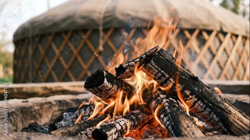 Slow motion tracking handheld pan of burning logs crackling in campfire pit with yurt in rural campsite during dusk autumn evening