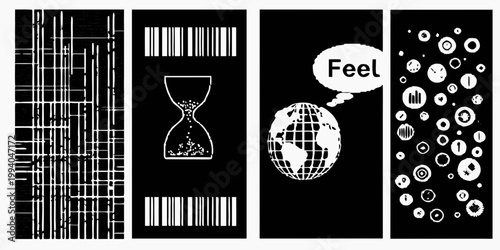 Four vertical panels with abstract black and white designs and symbols