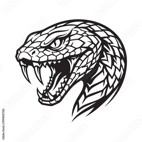 Fierce Viper Head with Open Mouth and Fangs in Detailed Illustration.