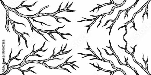Intricate black and white sketch of bare tree branches against a white background