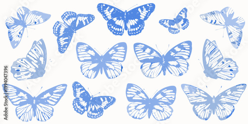 A collection of blue butterflies arranged in a decorative pattern