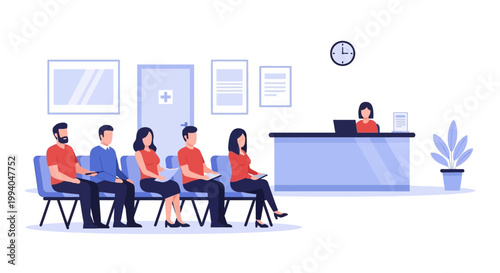 Waiting room with people sitting in chairs.