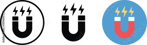 Magnet, illustrations set, different types of magnets with electrical symbols representing physics science magnetism and electromagnetic concepts.