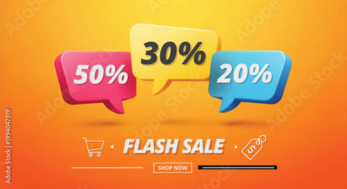Flash sale promotional banner with 3D speech bubbles, discount percentage tags of 20 30 and 50 percent, retail marketing vector illustration