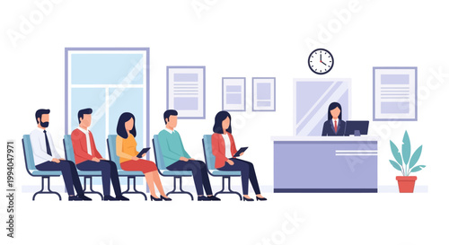 office reception with people waiting.