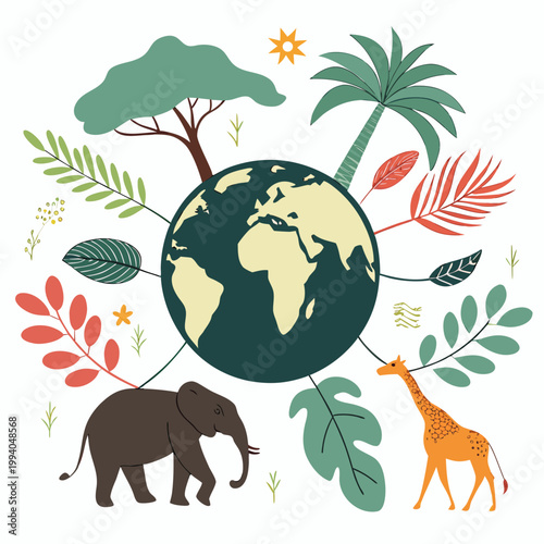 Canvastavla World map illustration with safari animals icon.