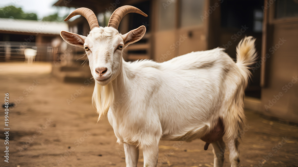 Fototapeta premium A white goat stands in a farm yard with a barn in the background.