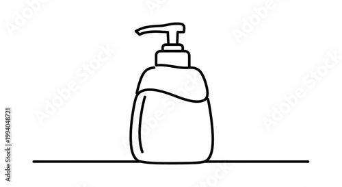 Modern minimalist line art illustration of a pump bottle for liquid soap or hand sanitizer, a versatile graphic icon for hygiene and personal care product design