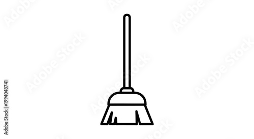 Minimalist vector line art icon of a classic broom, an essential household cleaning tool for effective floor sweeping, symbolizing domestic tidiness and maintenance functions