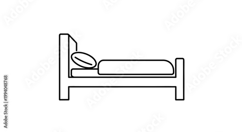 Simple Line Drawing Icon of a Bed with Pillow and Blanket, Representing Rest and Sleep