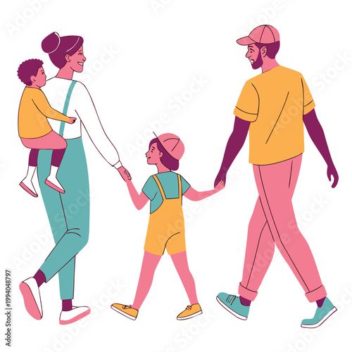 Family walking holding baby and child hands.