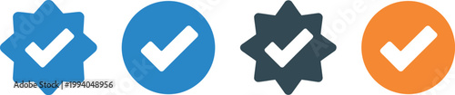 Blue tick verified social media icon set, approved profile sign in black gold and blue tick inside circle and star shape vector illustration for account verification.